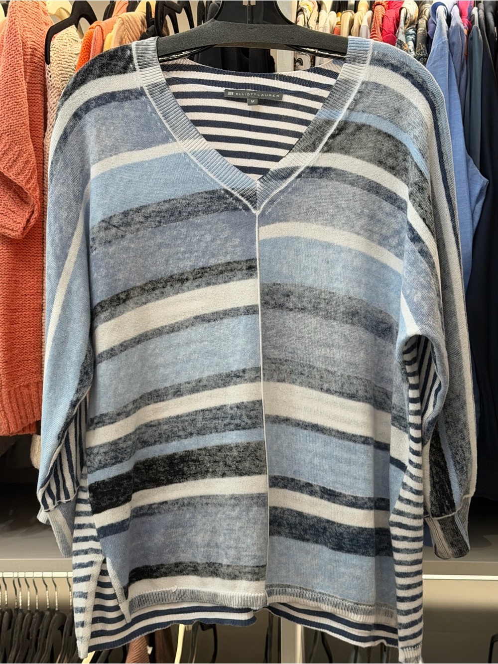 Elliott Lauren Lightweight Sweater Slouchy Blue Stripe 100% Cotton - M - Picture 10 of 11